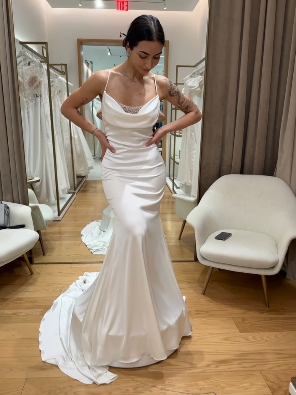 ASH Pronovias / Kleinfeld collab elegant white silk satin gown wedding black tie
